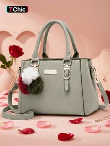 women's purse, elegant square handbags, fashion letter label zipper handbag, casual shopping & travel shoulder crossbody bag, textured leather handbags, everyday bags, with pom pom charm for back to school, fall outfits, fall freshness, mother's day gift