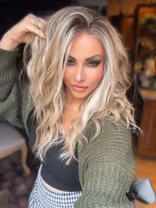 MACA BAKA Stella Beige Brown Blonde Ombre Highlight Water Wave Lace Front Wigs with Scandinavian Hairline 16 Inches Medium Length Low Density Mixed Brown Light Golden Blonde HD Synthetic Lace Front Wigs for Women