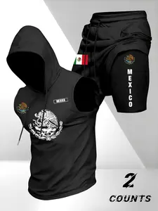 Men's Fitness Hooded Vest and Shorts Set, Mexican Print 2-Piece, Patriotic Style, Ideal for Overseas Expats and Culture Enthusiasts