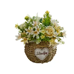 Rose & Sunflower Arrangement with Woven Grass Basket, Faux Floral Decor for Living Room & Dining Table White Babys Breath Bouquet