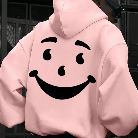Men's Cartoon Smile Face Print Drop Shoulder Hoodie, Fashion Casual Comfy Streetwear Regular Fit Drawstring Pocket Hooded Sweatshirt for Daily Holiday Outdoor Wear, Men Clothes for Fall & Winter