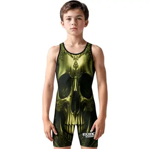 Exxact Sports Sublimated Youth Wrestling Singlet - Premium Powerlifting Singlet for Boys Singlets (Skull)