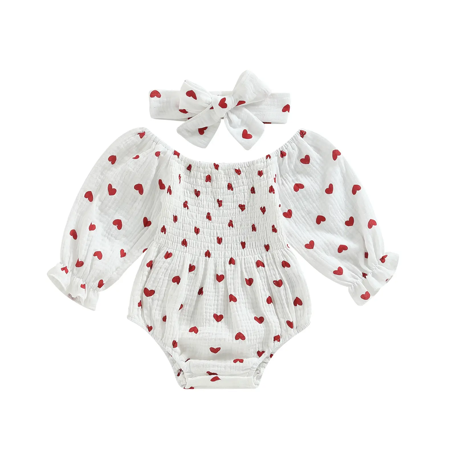 Baby Girls Valentine's Day Outfit Newborn Romper Heart Print Long Sleeve Off The Shoulder Onesie Jumpsuit Infant Autumn Winter Spring Bodysuits with H