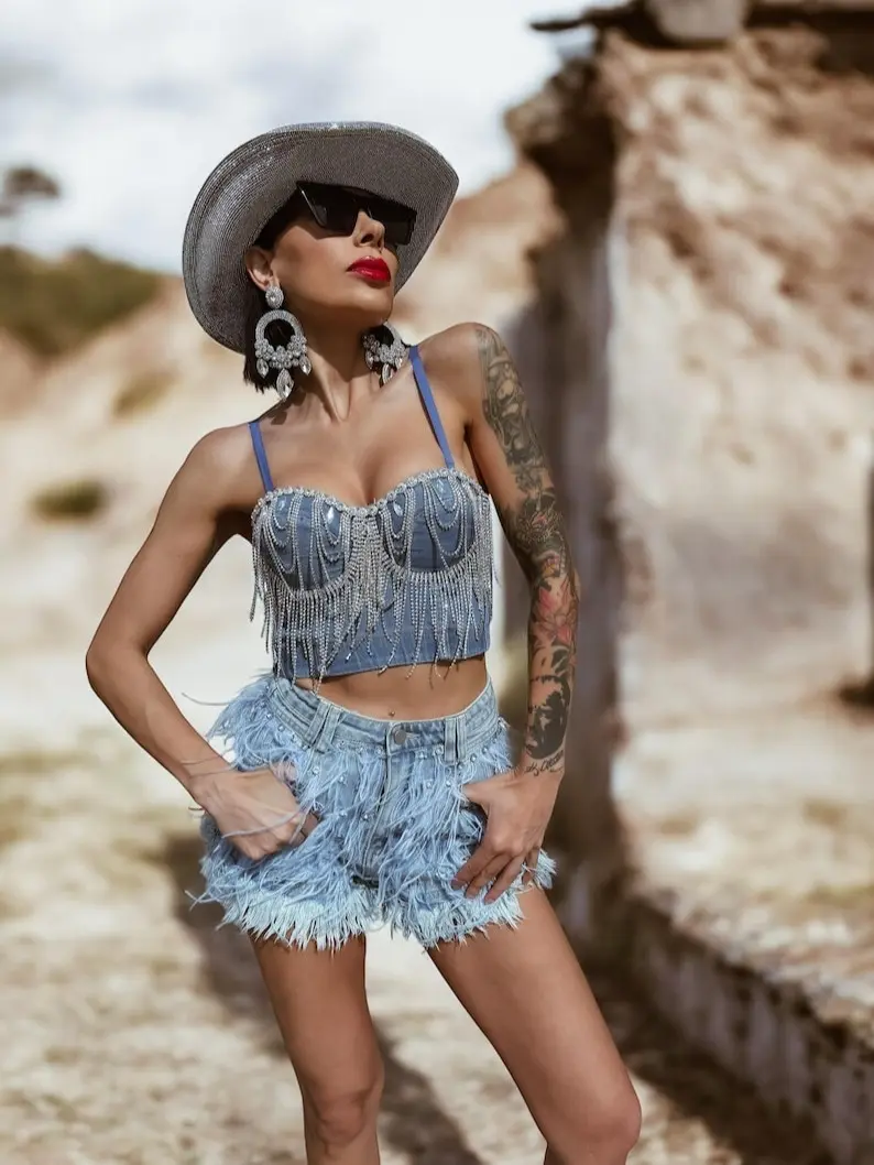 Denim Rhinestone Western Fringe Top Silver Cowgirl Outfit Diamond Bachelorette Party Outfit Space Cowboy Costume Disco Outfit Country Bride Adjustable Chic
