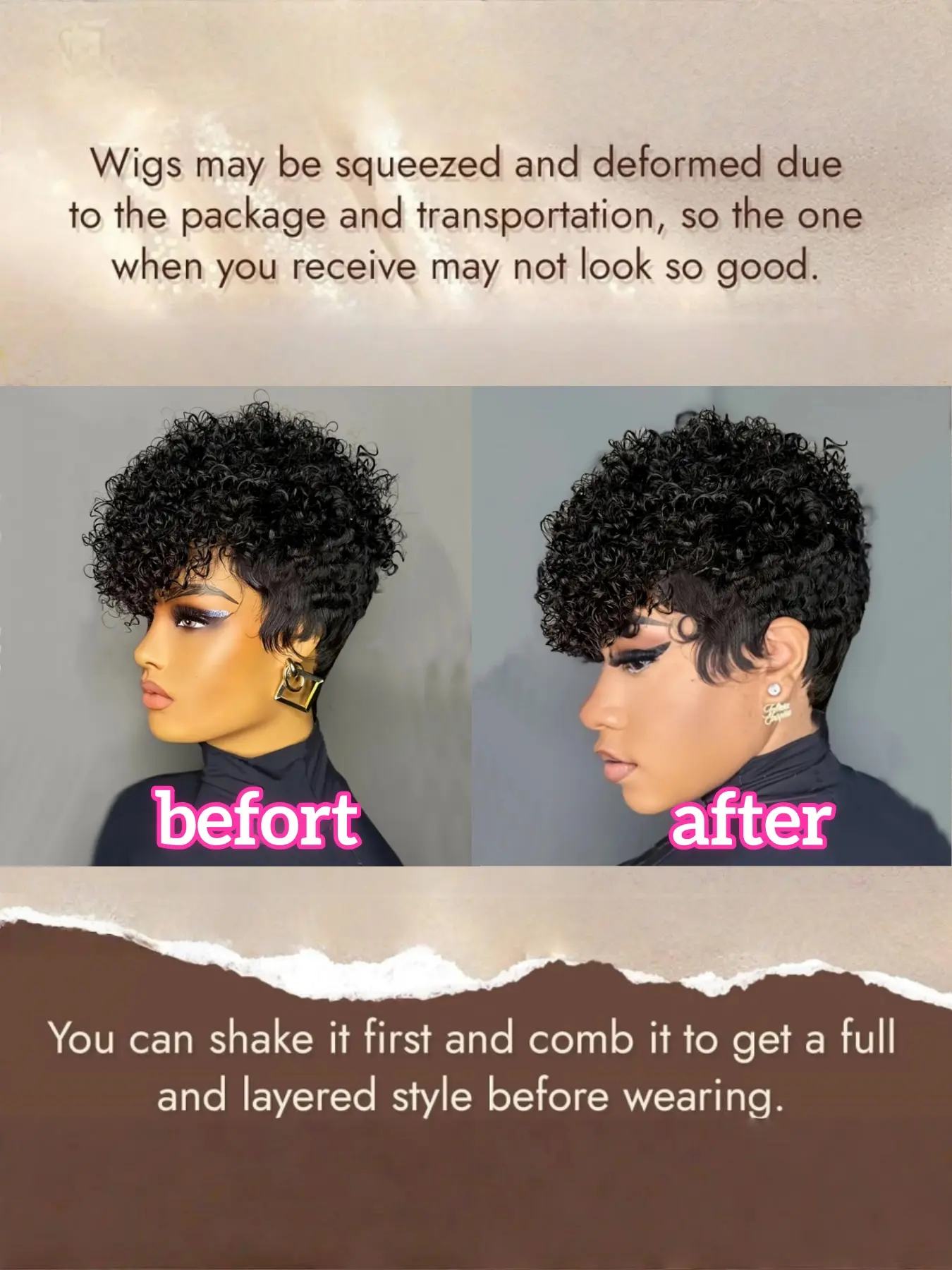 Short Curly Human Hair Wig 8 inch Full Glueless Wear and Go 8 Inch Short Natural Human Hair Pixie Cut Wig, Glueless  main image 3