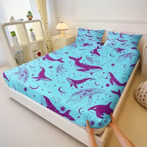 Dreamy Whale Bed Sheet Set, Includes 2 Coreless Pillowcases, Cartoon Anime Print Non-Slip Bedding, Kids Bedroom Decor
