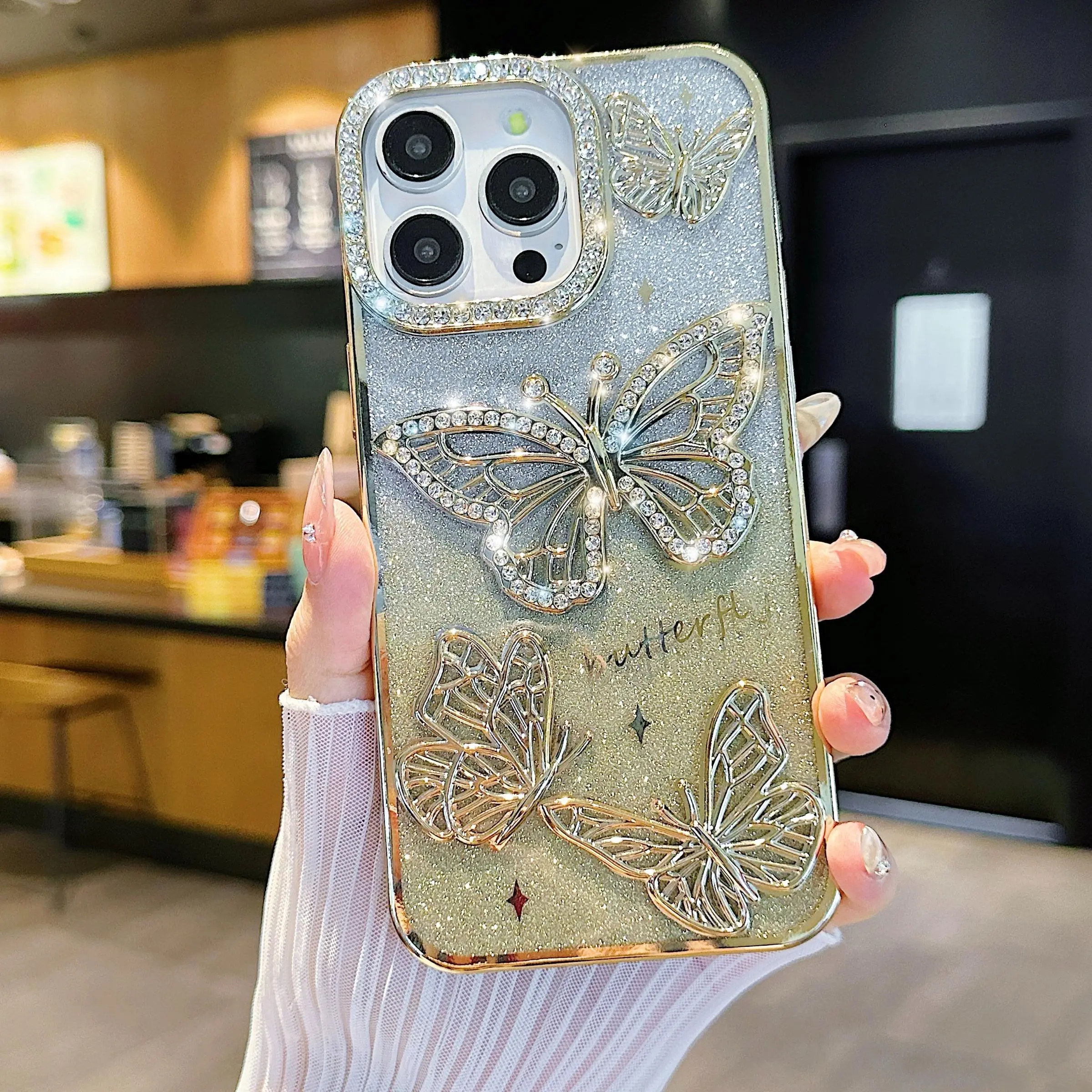 Butterfly Pattern Cellphone Case, Stylish Shockproof Casing, Artificial Rhinestone Decor Phone Protective Cover, Protector, Phone Accessory Compatible with iPhone 11 12 13 14 15 16 Pro Max