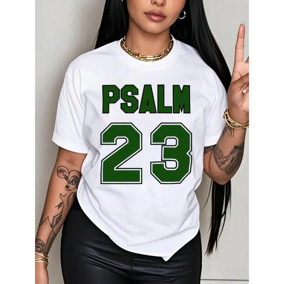 Women's Plus Size Psalm 23 Premium Knit Short-Sleeve T-Shirt - Oversized Round Neck Tee with Bold Green Lettering, Soft Breathable Fabric, Fit for Holiday Parties, Women's Gifts outdoorfun graphic tee