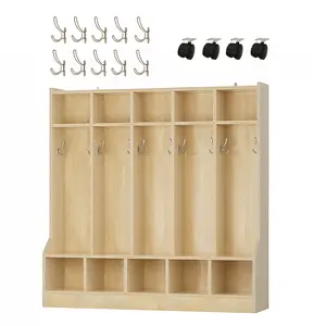 Garvee Kids Coat Locker with Bench – 10 Cubbies & Hooks – Large Capacity Wooden Storage Organizer – Smooth Natural Wood Finish – Hidden Casters – Ideal for Nursery Home Or Study Room