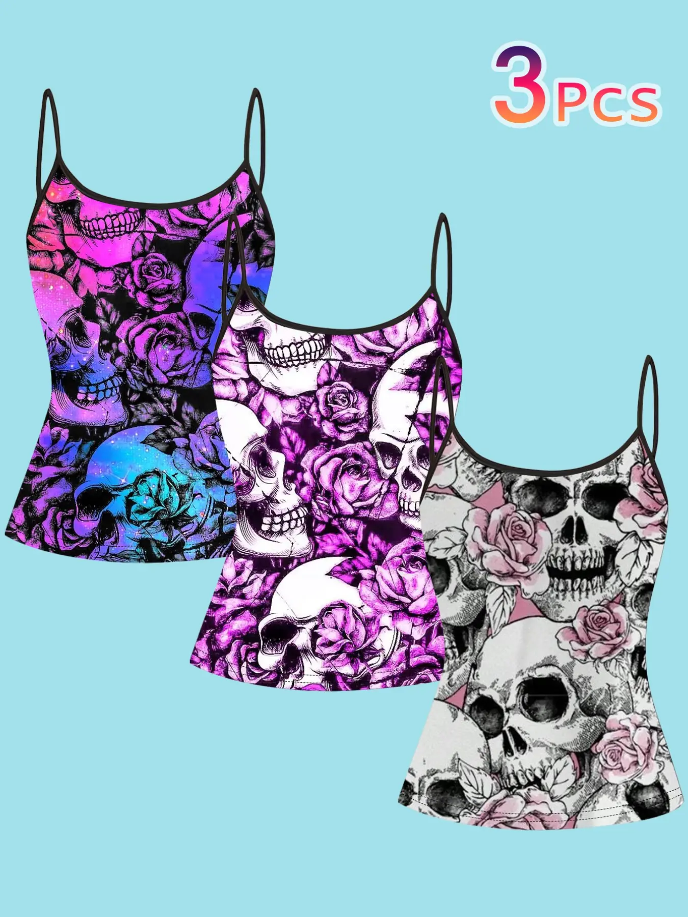 3-Piece Set Skull Rose Floral Print Thin Strap Spaghetti Strap Camisole Vest, Gradient Halter Top, Women's Summer Tattoo Style Sleeveless T-Shirt