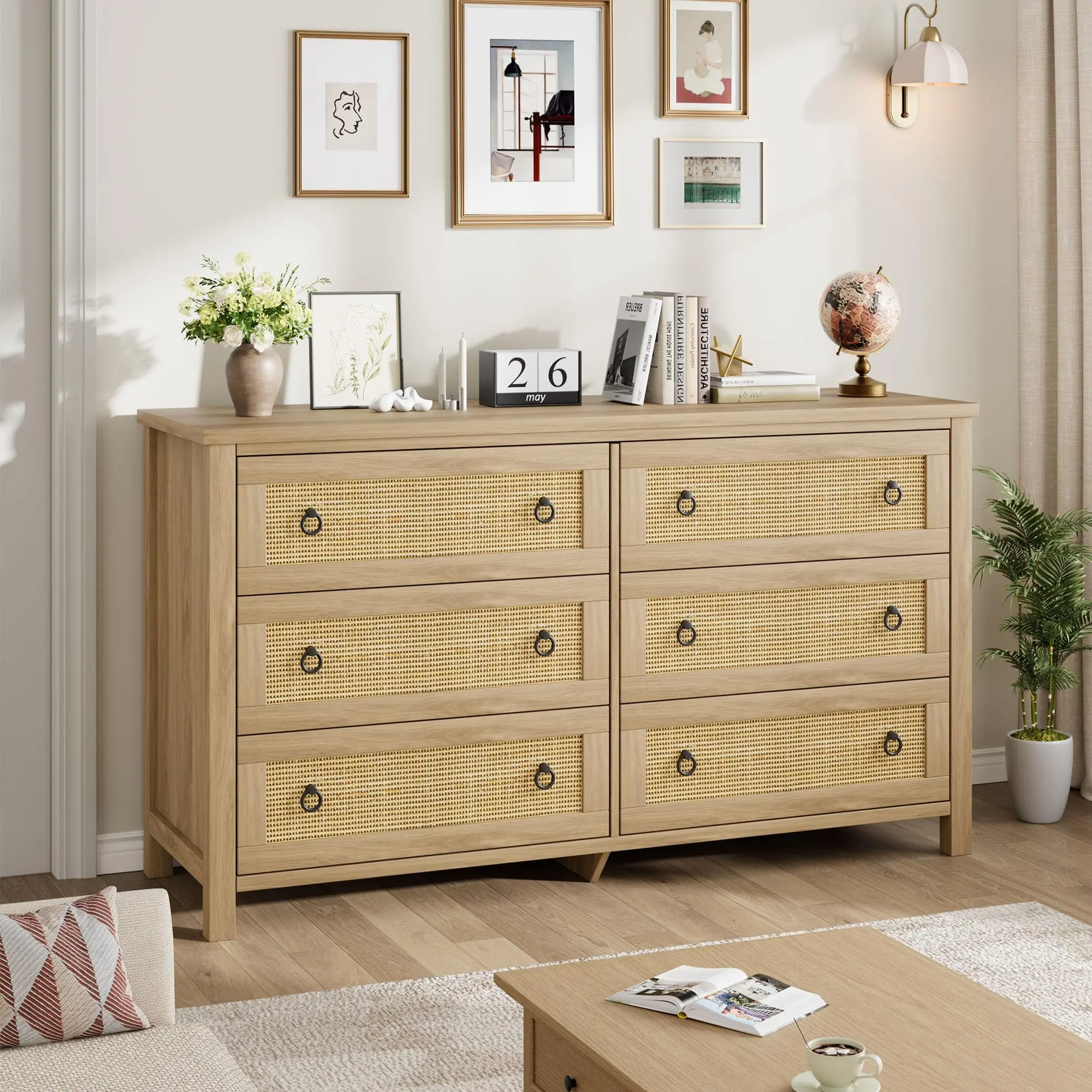 Garvee Rattan Bedroom Dresser - 47'' Wide Sturdy MDF Wood Storage Chest with 6 Large Drawers, Easy Waterproof Makeup Vanity with Storage Compartment, Versatile Living Room Furniture Clothes Cabinet