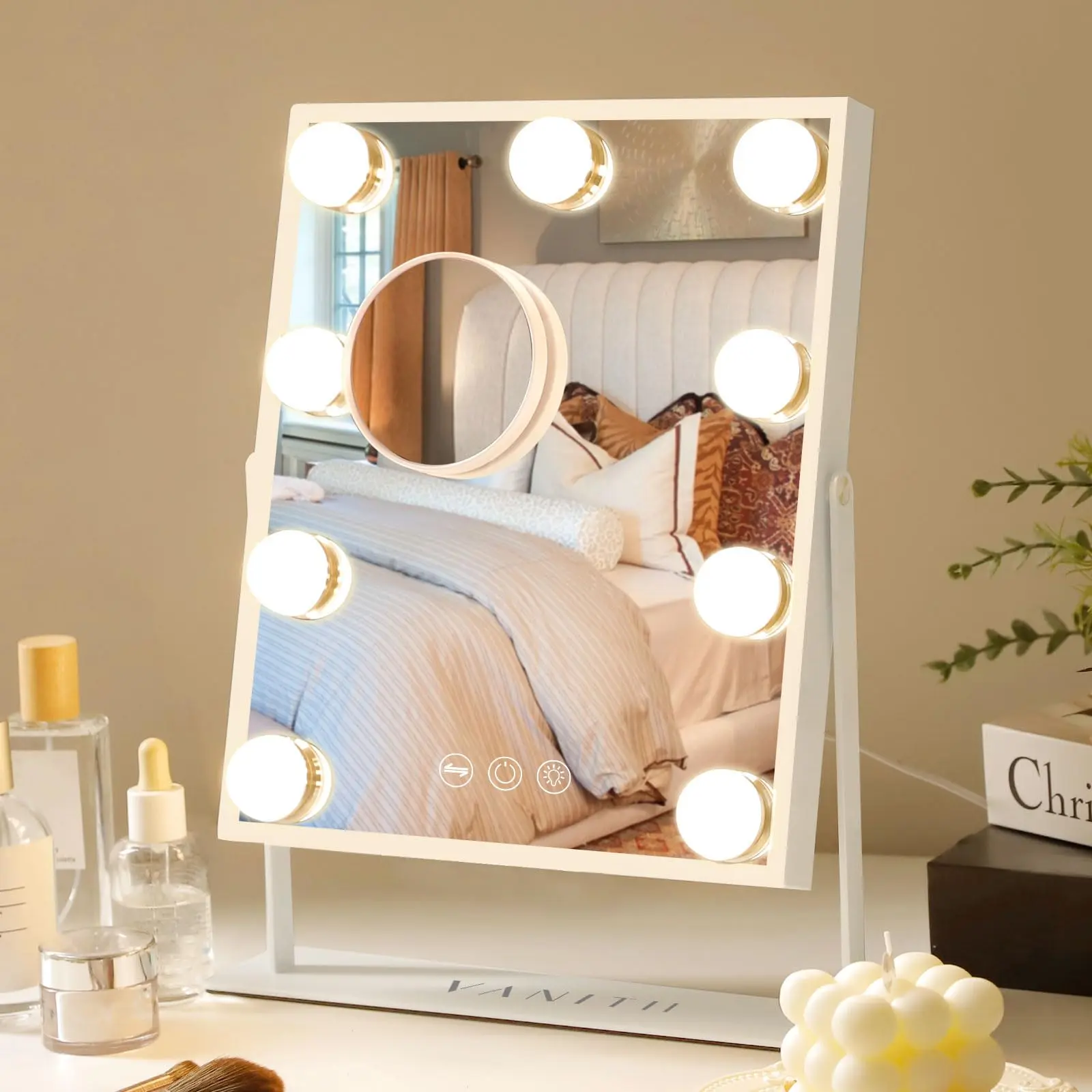 50%OFF VANITll Hollywood Makeup Vanity Small MirrorWith 9 LED Bulbs 9.84"x11.81" Adjustable Brightness & 3 colors Lights 360° Free rotation and detachable 10X  Magnification mirror  Smart Touch Control Mirror