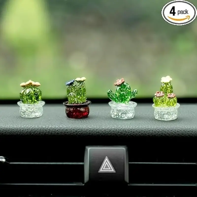 4 Handmade Mini Resin Cacti, Cute Micro Cactus Decorations, Home Office Desk Car Dashboard Ornament, Perfect Gift for Friends, Car Accessories, Car Interior Ornaments