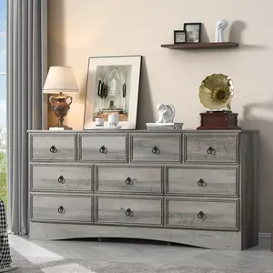 Modern Large 10 Drawer Dresser, Long Dressers for Bedroom, Wah Grey Closet Organizers and Storage Clothes - Textured Borders, Deep Drawer for Living Room, Hallway, Gray