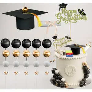 2026 Graduation Cake Toppers Kit – 26Pcs Decorations with Caps, Diploma & Mini Textbooks. High School & College Senior Party Supplies in Black White Gold. Perfect for Grad Party.