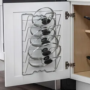 Pot Lid Organizer Rack, 6-Tier Pot Lids Holder for Cabinet Door/Wall, No Drilling Adhesive Wall/Door Mounted Rustproof Pot and Pan Cover for Kitchen Storage