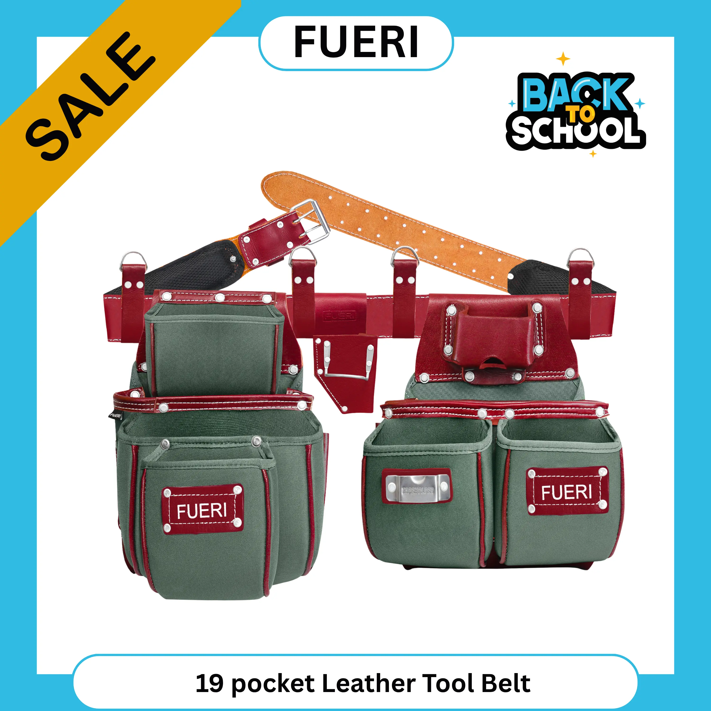 FUERI Leather/Nylon Tool Bag Organizer - 19 Tool Pockets, Adjustable Foam Padded Belt, Heavy Duty Pouches, 4 D-Loops, Hammer Holder for Carpenters & Electricians, Organizer Tool Bags