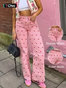 Women's Heart Pattern Fitted Jeans, Casual All-Season Denim Jeans, Comfortable Wide-Leg Design, Perfect for Daily Wear Pants