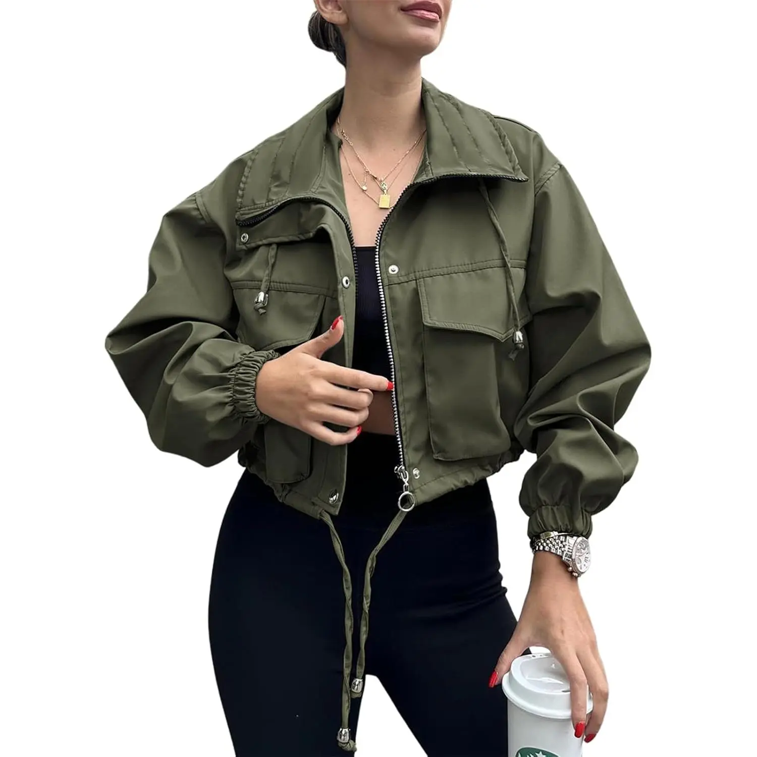Imily Bela Womens Cropped Jacket Zip Up Lightweight Oversized Utility Anorak Coat with Pockets
