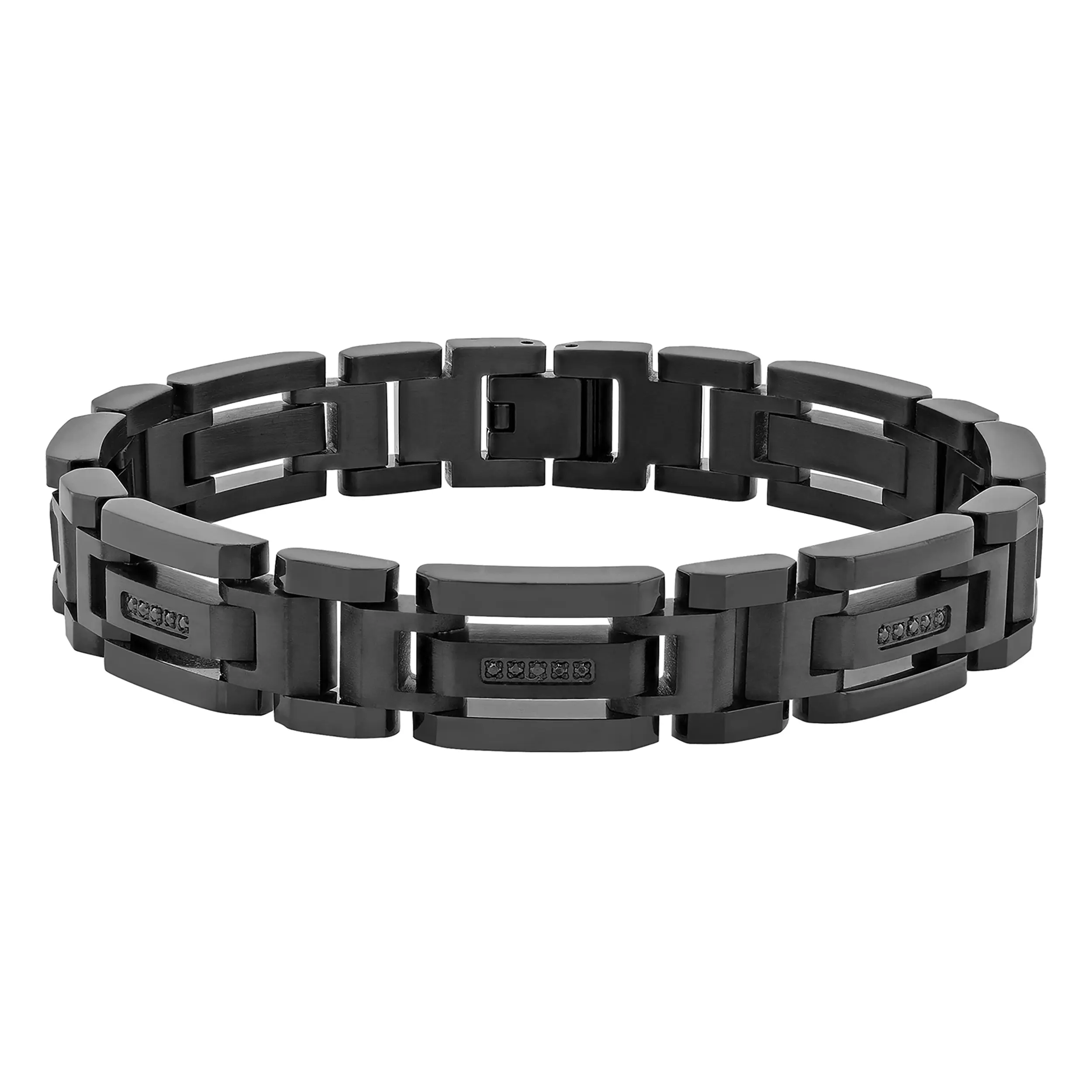Men's Tungsten 1/6 CTW Diamond Link Bracelet-Bangle - Matte Black, Silver or Yellow 2-Tone Steel-Tone Finish, Round-Cut Diamonds, Structured Links, Bold Look, Engineered Weight, Durable Everyday Fashion Accessory