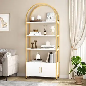【GARVEE】Arched Bookshelf, 71.5 Inches Tall Industrial and Modern 4-Tier Bookcase with Doors, Sturdy Metal Frame, Quality Boards, Freestanding Display Shelving in Gold, Black, and White