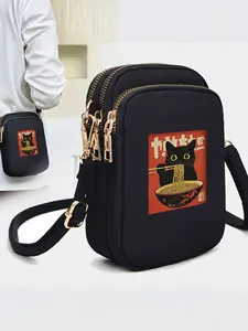 Japanese Style Cat Eating Noodles Pattern Crossbody Bag for Women, Multiple Pockets, Detachable Adjustable Straps, Casual Fashion