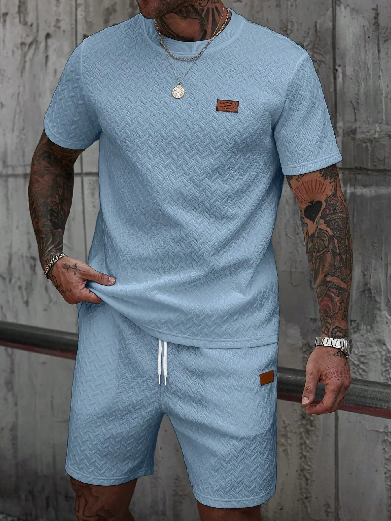 Men's Herringbone Texture Two-Piece Set Outfit, Summer Casual Short Sleeve T-Shirt and Drawstring Shorts, Breathable Daily Sports Wear, Menswear