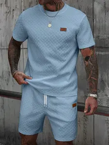 Men's Herringbone Texture Two-Piece Set Outfit, Summer Casual Short Sleeve T-Shirt and Drawstring Shorts, Breathable Daily Sports Wear