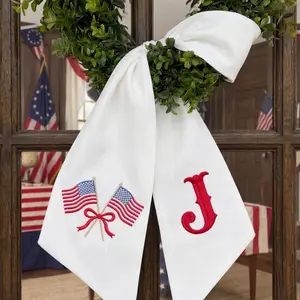 Personalized Embroidered American Flag Wreath Sash, Custom Monogram Front Door Decor, Patriotic Wreath Bow, 4th of July Decoration, Americana Home Gift