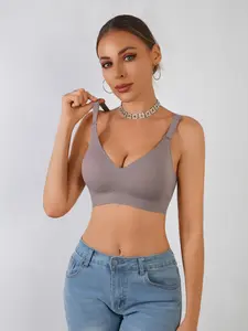 Women's Seamless Wireless Bra, Comfortable Wireless Bras Push-Up Bralettes Seamless Tshirts Bras, Ultra-Soft Short Style Full Coverage Sports Everyday Wear, Solid Sports Bra