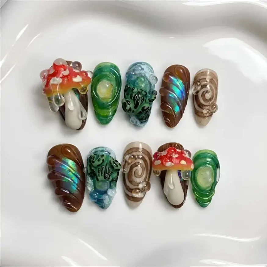 3D Mushroom Frog Press On Nails Rainy Forest Handmade Nails Art Gif For Her