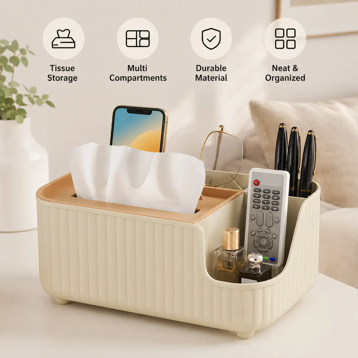 PP Material Smooth Multifunctional Tissue Box - 1-Count Multi-Compartment Storage Organizer with Phone Slot for Desktop, Bathroom Organization