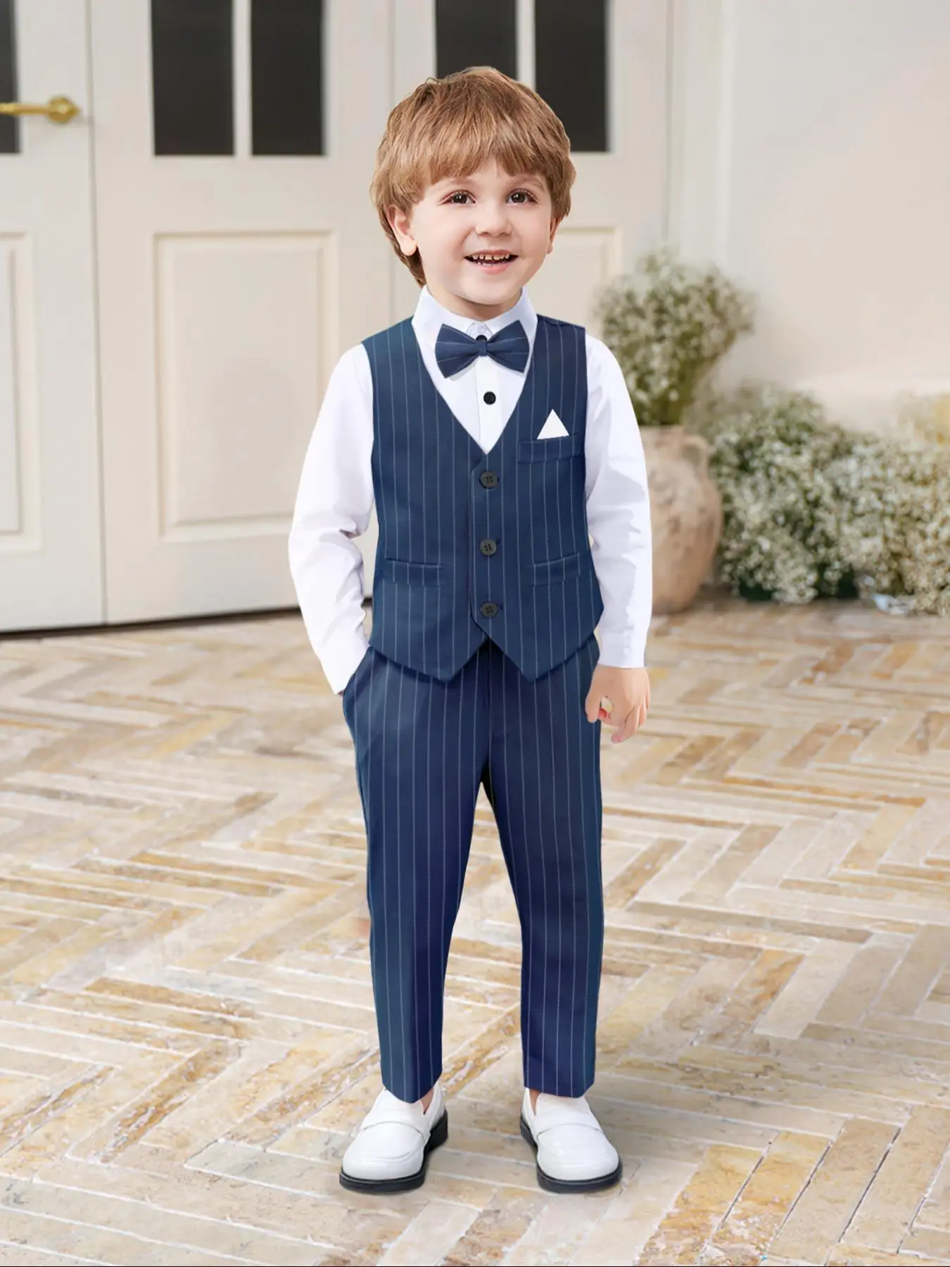 Three-piece Set Boy's Striped Print Button Front Pocket Vest & Bow Decor Shirt & Pants Set, Elegant School Performance Outfits, Kids Clothes for All S