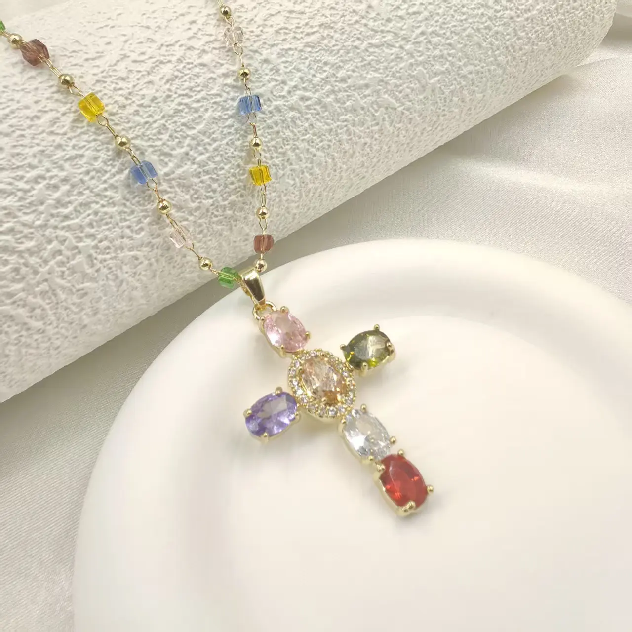 Women's Copper Rainbow Cross Pendant Necklace - Gothic Catholic Christian Costume Jewelry for Wedding, Christmas