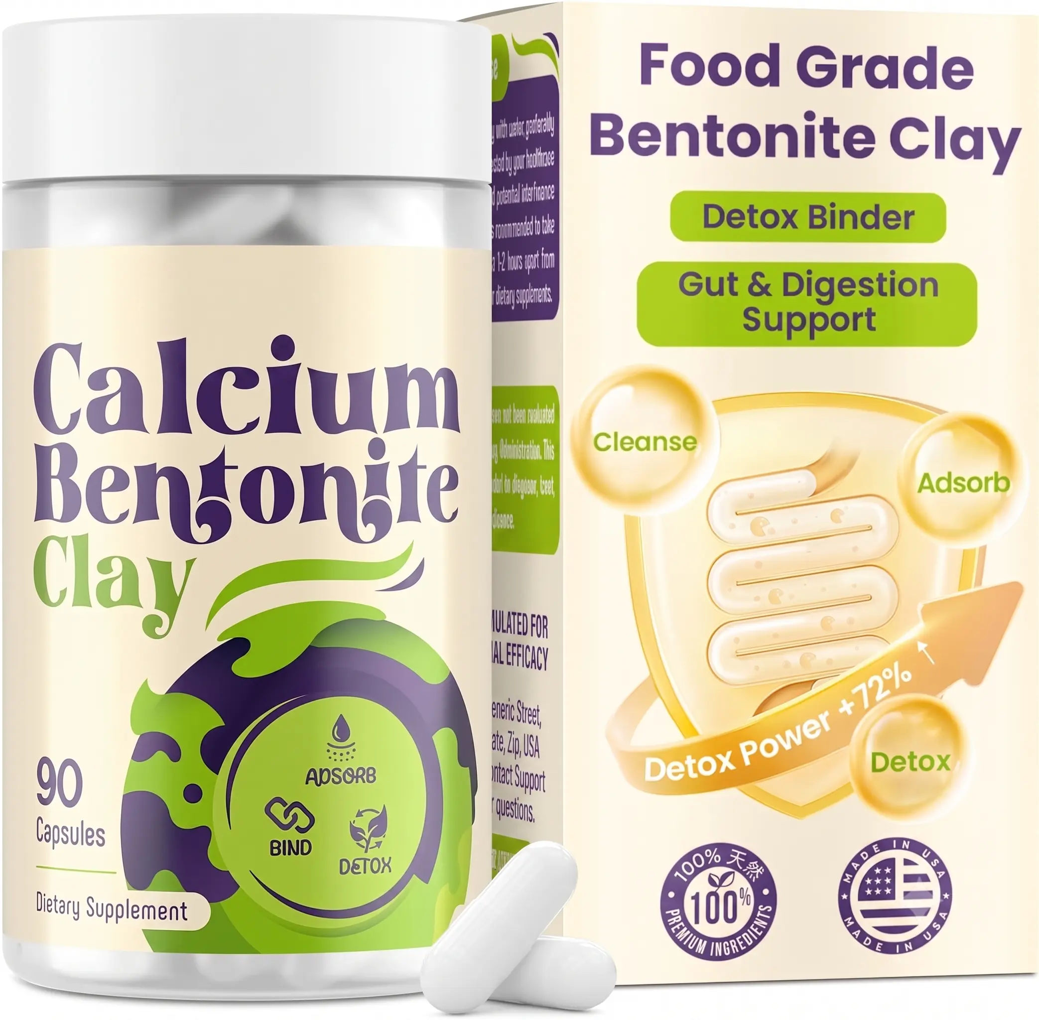 Calcium Bentonite Clay Detox Capsules | Colon Cleanse & Gut Health Supplements | Food Grade Clay 1600mg Binds Mold, Heavy Metals | Daily Gentle Detox for Women & Men, Clean Label - 90 Capsules