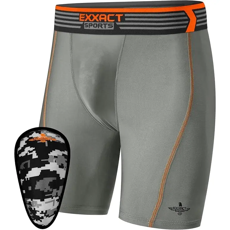 Exxact Sports Mens Compression Shorts with Soft Athletic Cup for Baseball Football Hockey, Mens Cup Underwear with Cup - (Gray)
