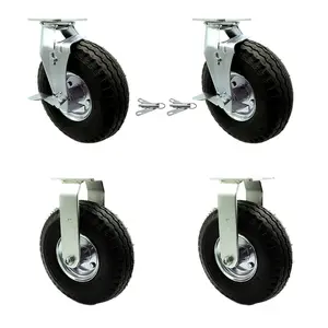10 Inch Swivel Pneumatic Casters Set of 4 - Black Rubber Wheels - Includes 2 Swivel with Brakes and Bolt on Swivel Locks and 2 Rigid -Heavy Duty Casters-1,400 lbs. Total Capacity- Service Caster Brand