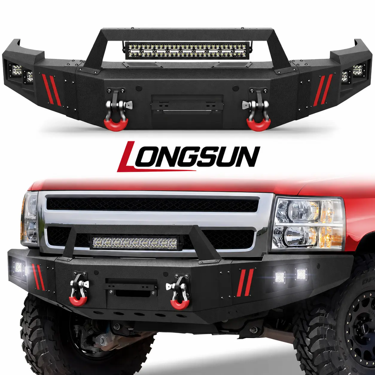 Longsun Full Width Front Bumper for 2007-2013 Chevy Silverado 1500 Pickup, Carbon Steel w/Winch Plate, LED Lights, D-Ring Mounts & License Plate Bracket, With Winch