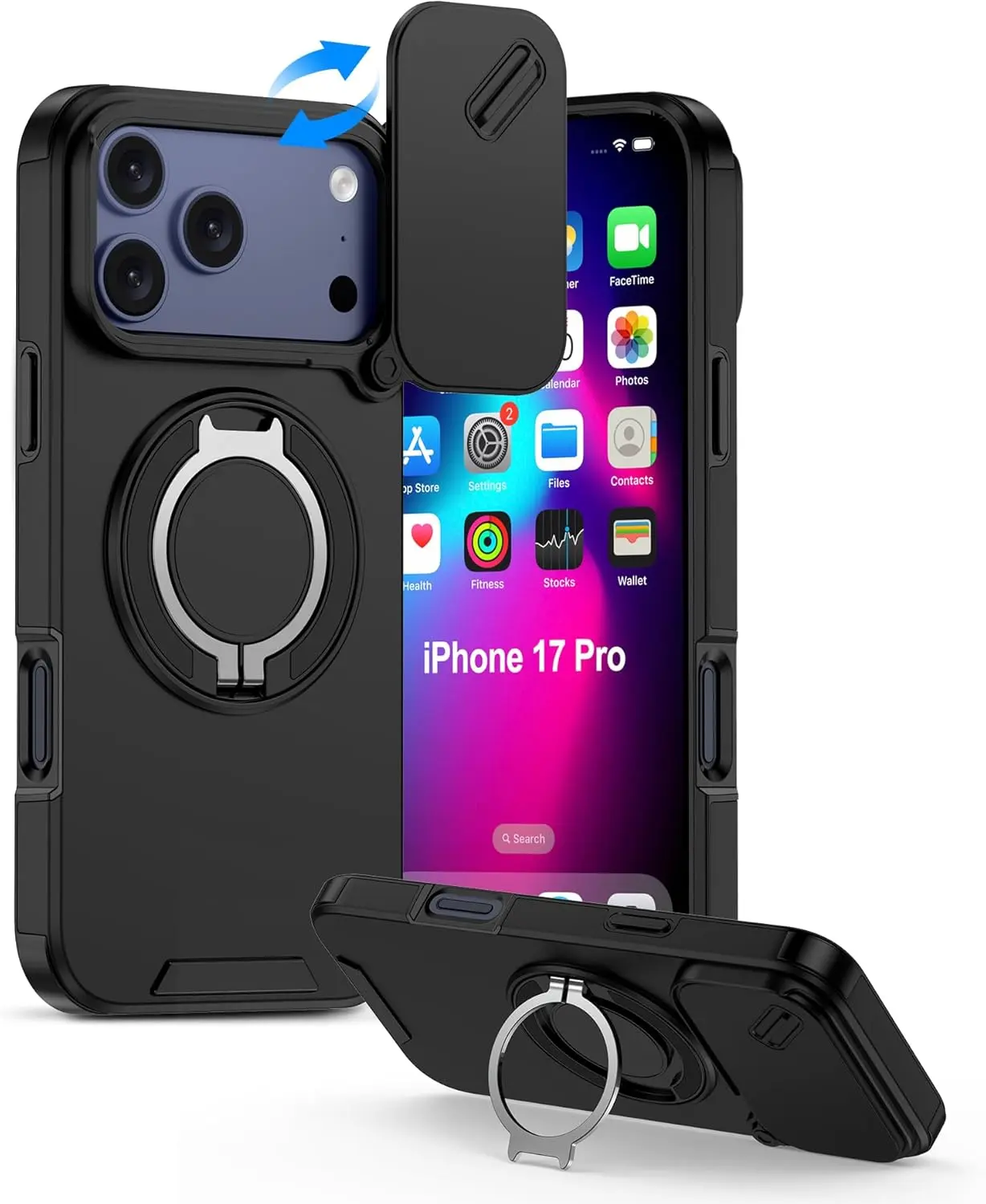 iPhone 17 Pro Case with Camera Cover & Ring Holder, 6.3" Rugged Shockproof Military-Grade Case for 17PRO, Slim Rugged Protection with Sliding Lens Cover & Stand Grip for Apple iPhone 17 Pro-Black