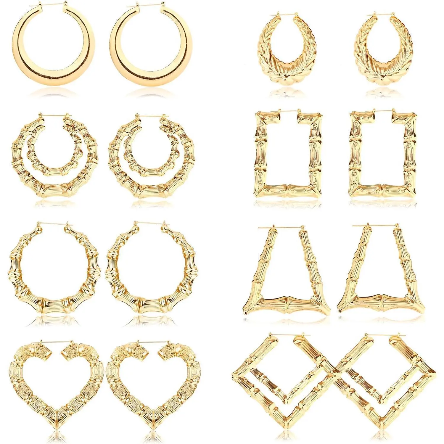 FLORIDECO Women's 8-Pair Bamboo Hoop Earrings Set - Large Chunky Silver, Various Bamboo Shapes, Bold Hip-Hop Custom Jewelry, Trendy Jewelry, Ideal for Party Wear & Daily Stacking,summerwins