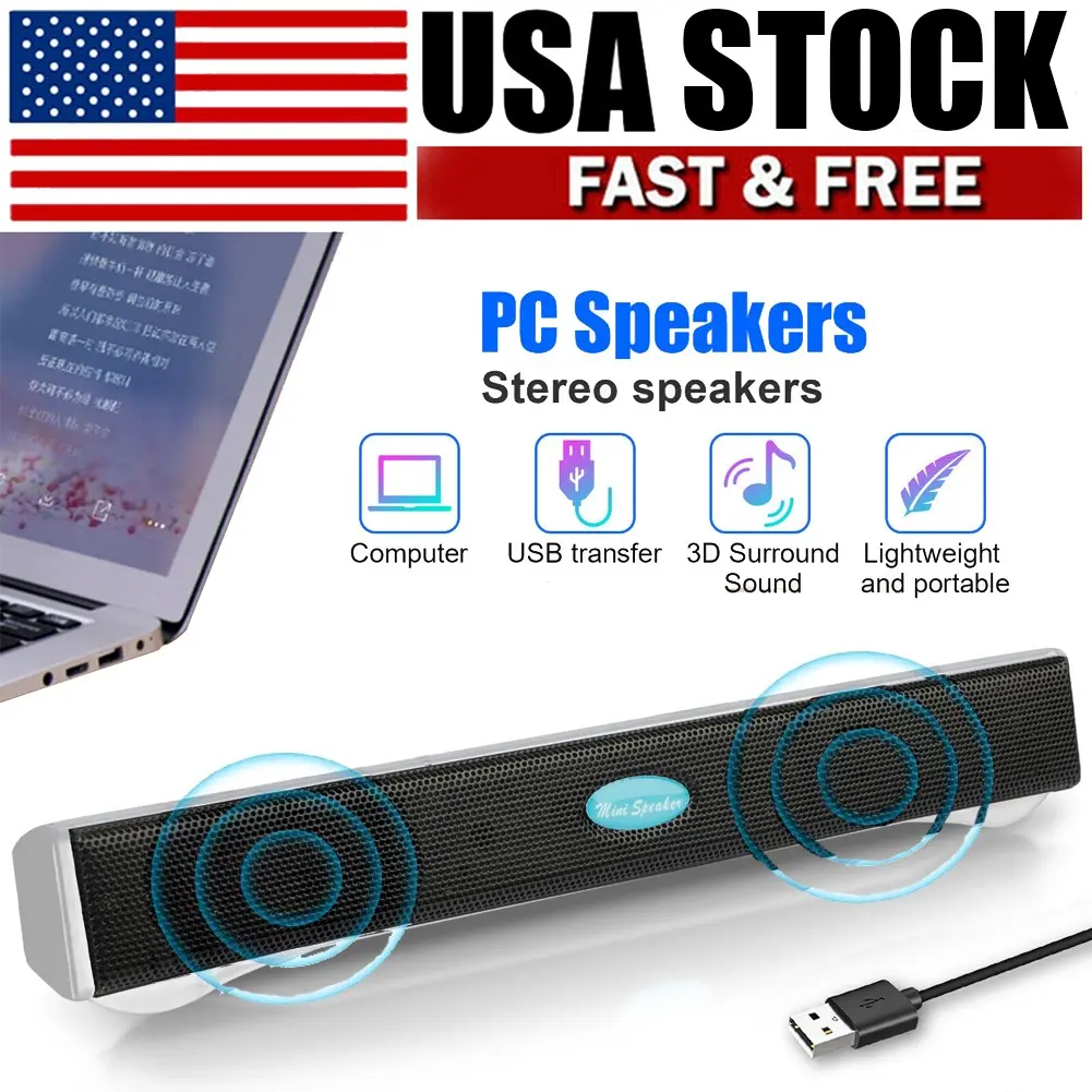SJPACK USB Wired Computer Speakers Soundbar 2.0 Stereo Bass Sound for Desktop PC Laptop