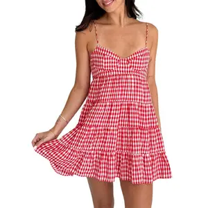 Women Spaghetti Strap Cami Dress Sleeveless Plaid Sweetheart Neck Tiered Hem Back Lacing Mini Dresses Y2k Party Dress(Sheets)