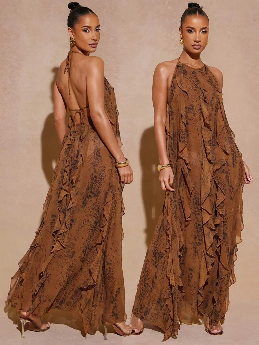 Women Clothes, Women's Elegant Brown Leoprard Print Maxi Dress, Halter Neck Sleeveless With Ruffles Simple Fashion Daily Casual, Women Dresses, Party Women Dresses, Beach Women Outfits, Summer Women Outfit, Elegant Women Dresses, Valentin Day Dress, Long