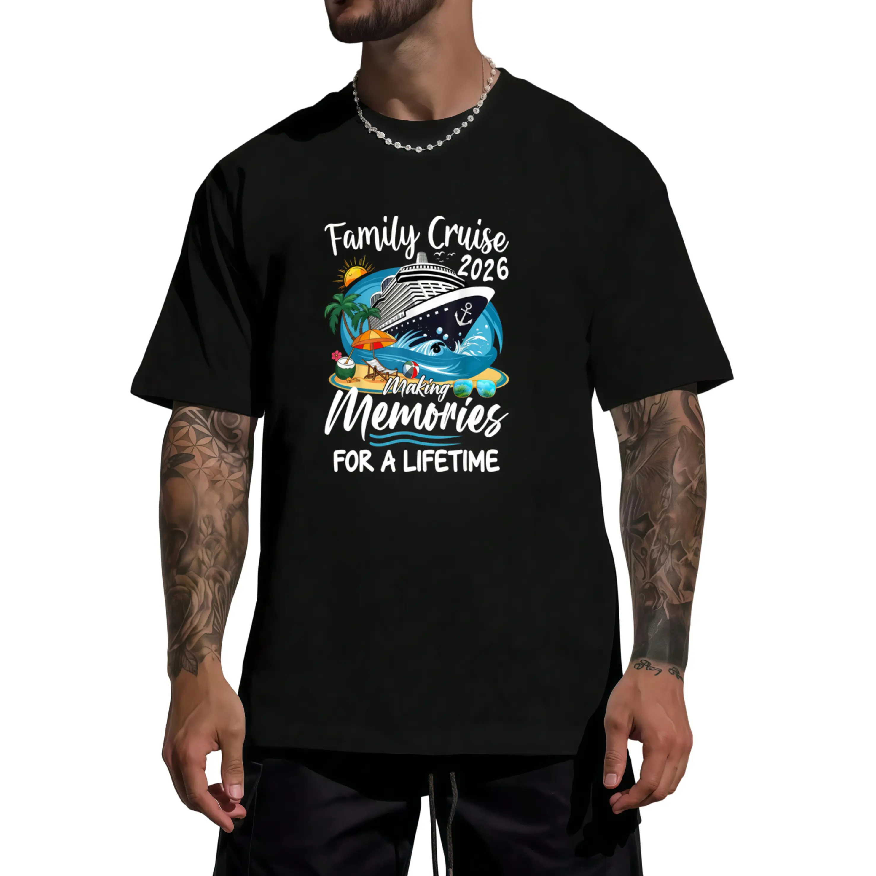 Men's Classic Customized Shortleeve Top - 2026 Matching Family Cruise Garment, Tropical Beach Ocean Palm Sun Graphic Tee, Casual Vacation Souvenir Wear for Group Trips