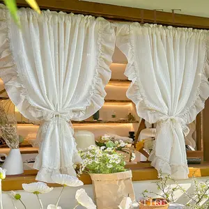 Japanese Style Sheer Curtain, Light Translucent Retro Linen Vintage Drapes for Living Room Balcony, Original Wood Grain Cream Color Small Window