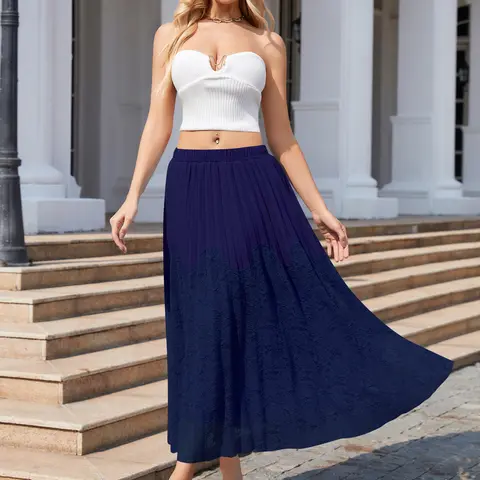 CYiNu Women's High-Waisted Lace Trim Pleated Chiffon A-Line Midi Skirt - Elastic Waist, Flowy, Elegant Summer Bottom That Fits Beach, Bohemian, Formal Occasions