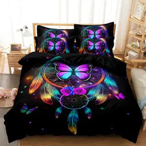 3pcs Fashionable Colorful Dream Catcher Butterfly Animal Home Digital Print Quilt Cover Set Breathable For Bedroom Guest Room Dorm (1*Duvet Cover + 2*Pillowcase, Without Core)