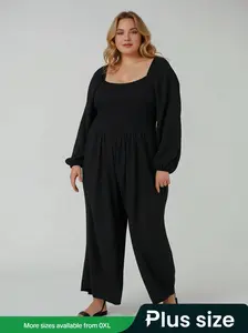[Plus Size] Solid Color Bishop Sleeve Long Sleeve Square Neck Shirred Basic Jumpsuit, Modern Chic Casual Pocket Wide Leg Jumpsuit for Spring & Fall, Women's Clothes for Daily Wear, Plus Size Jumpsuit, Jumpsuits for Women, Womenswear, Casual Fit Jumpsuit