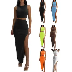 Women's Summer 2 Pieces Skirts Outfits Sleeveless Tank Top and Long Slit Bodycon Skirts Sets Dress Y2K Streetwear