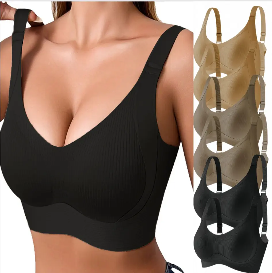 6-piece U-shaped back four-layered button-up lifting upper support seamless underwear that gathers without steel rings, with adjustable bra straps for accommodating extra breasts.